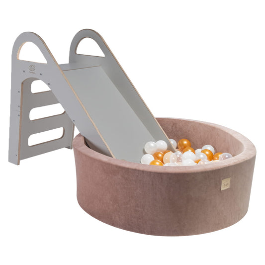 Grey wooden toddler slide with side handles for safe play