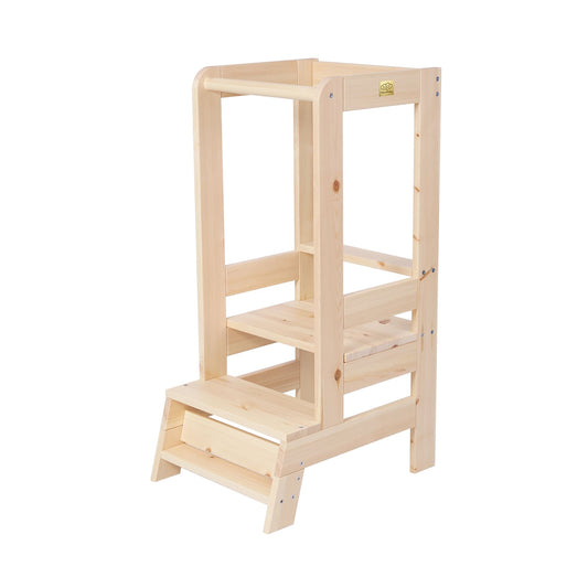Diagonal view of a natural kitchen helper stool designed for toddlers.