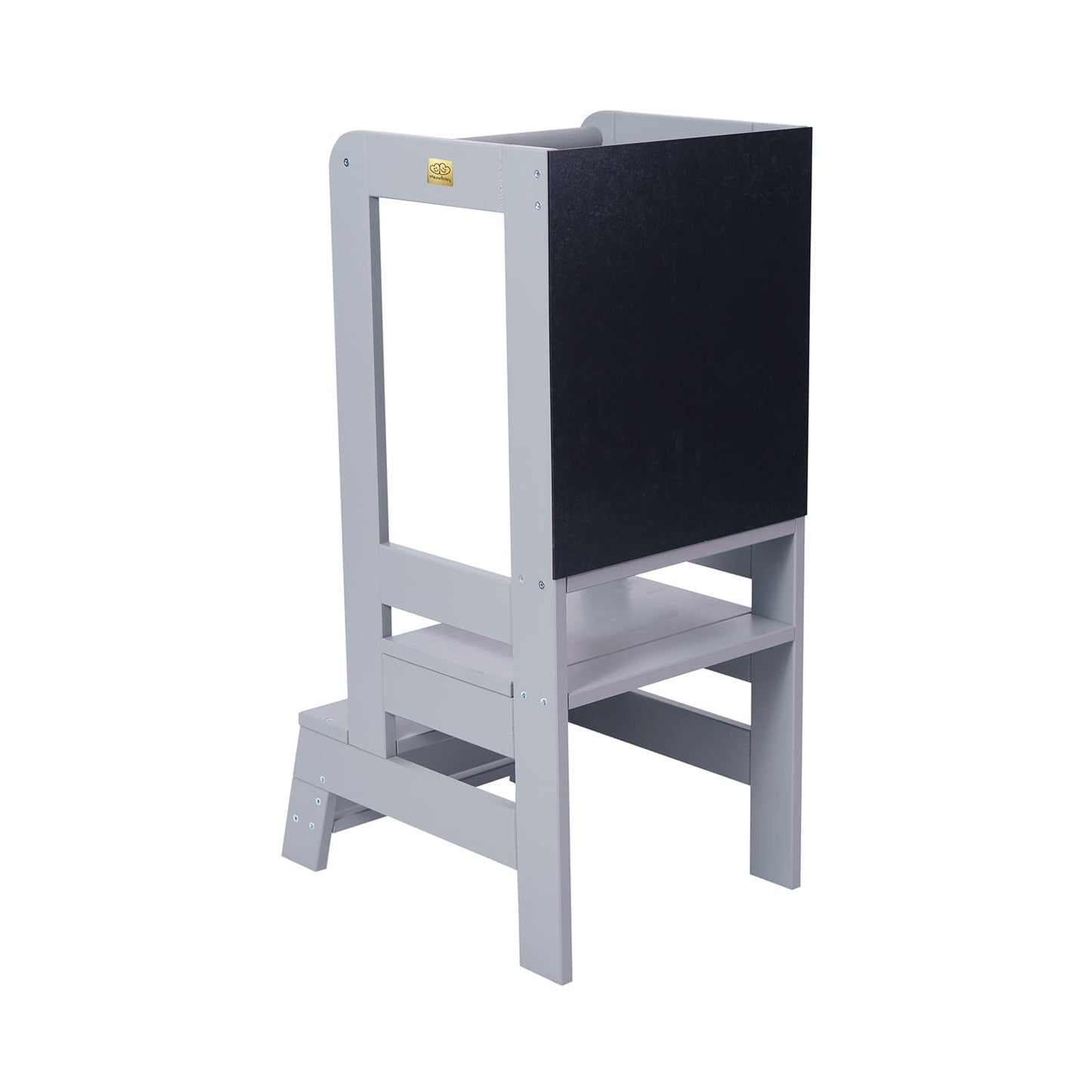Diagonal view of a blue/grey kitchen helper stool designed for toddlers.
