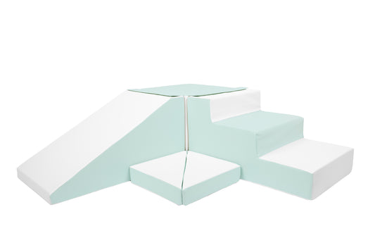 Green soft play steps designed for toddlers.