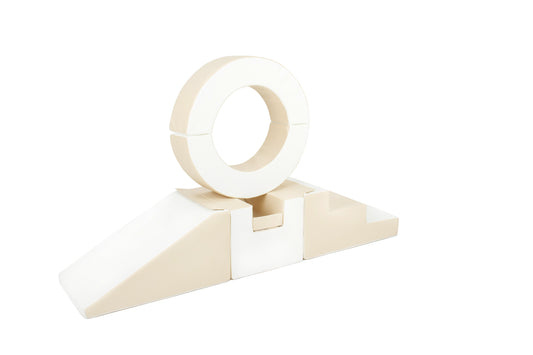 Side view of a beige-coloured hoop soft play set, designed for toddlers to climb, explore, and play safely.