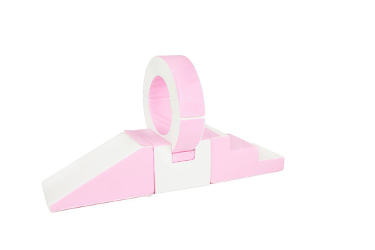 Side view of a pink-coloured hoop soft play set, perfect for toddlers to climb and play safely.