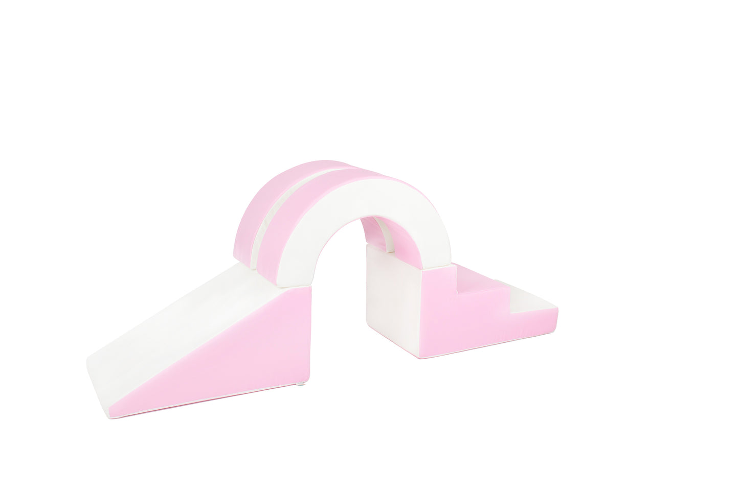 Side view of a pink-coloured arch soft play set, partially displayed, designed for toddlers to climb, explore, and play safely.