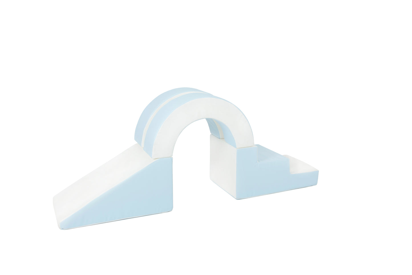 Side view of a blue-coloured arch soft play set, partially displayed, designed for toddlers to climb, explore, and play safely.