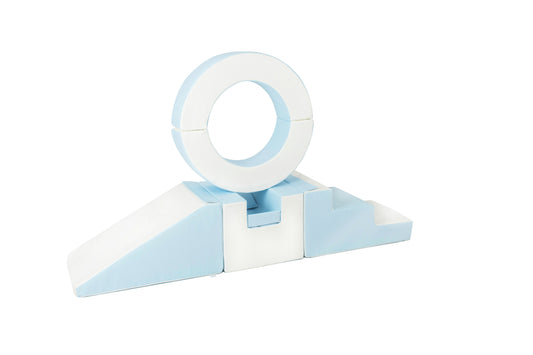 Side view of a blue-coloured hoop soft play set, perfect for toddlers to climb and play safely.