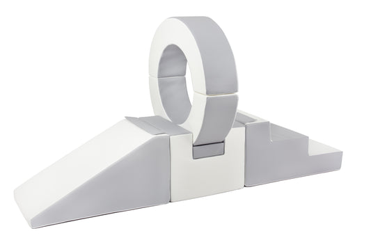 Side view of a grey-coloured hoop soft play set, perfect for toddlers to climb and play safely.