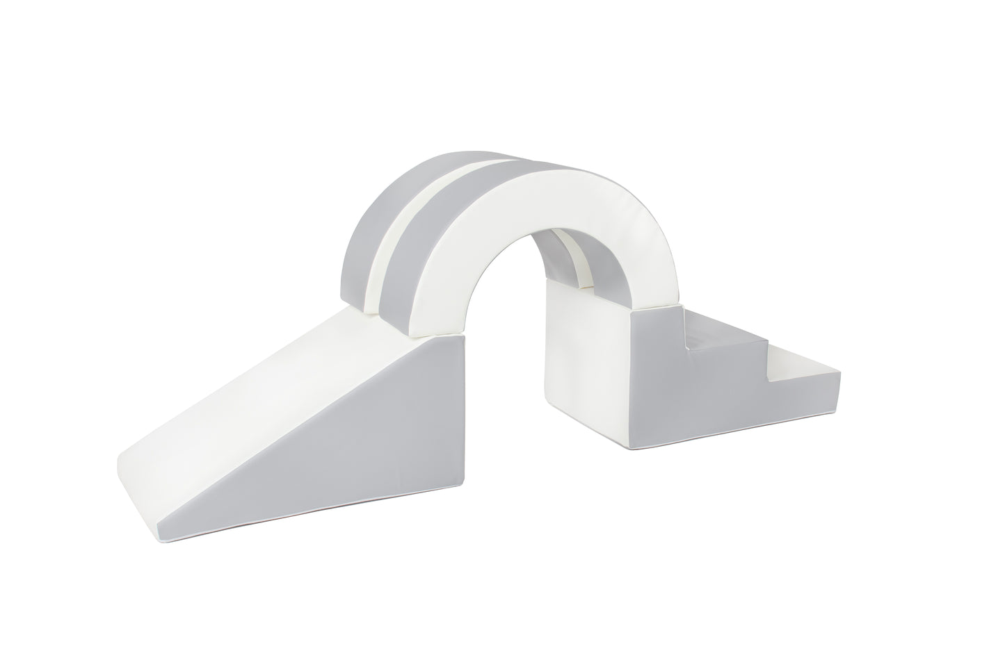 Side view of a grey-coloured arch soft play set, partially displayed, designed for toddlers to climb, explore, and play safely.