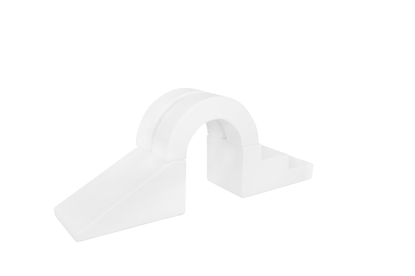 Side view of a light-grey-coloured arch soft play set, partially displayed, designed for toddlers to climb, explore, and play safely.