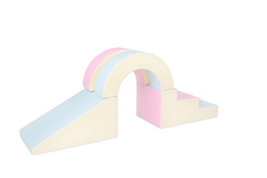 Side view of a pastel-coloured arch soft play set, partially displayed, designed for toddlers to climb, explore, and play safely.