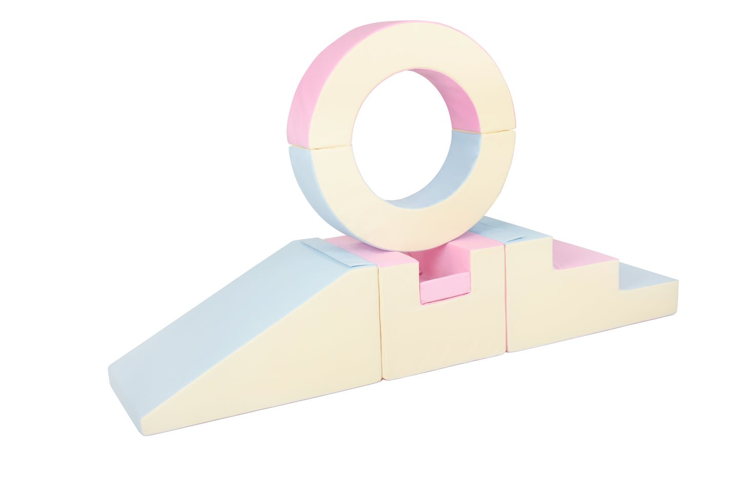 Side view of a pastel-coloured hoop soft play set, perfect for toddlers to climb and play safely.