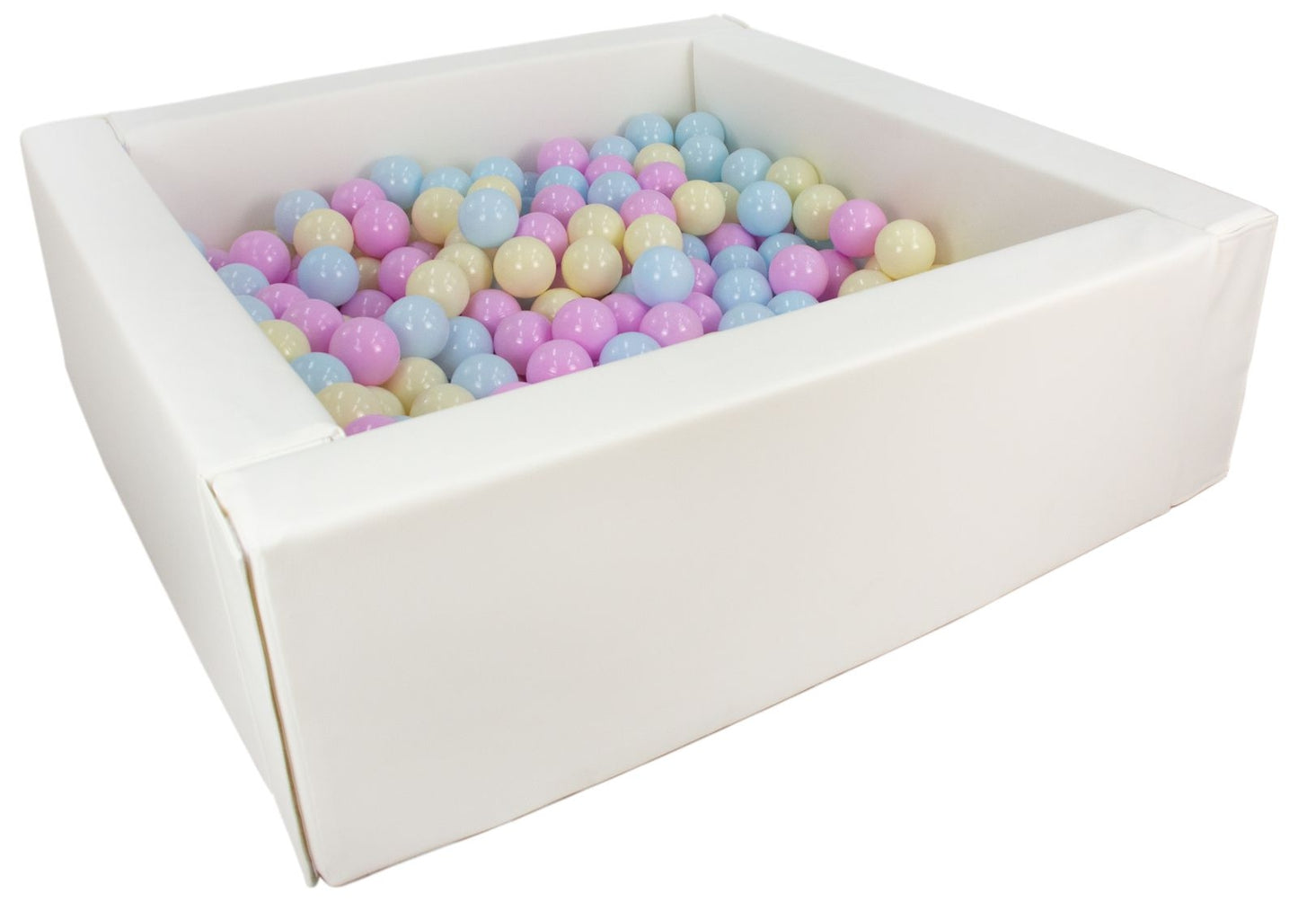 Square white ball pit with mixed pink, blue, and yellow balls.