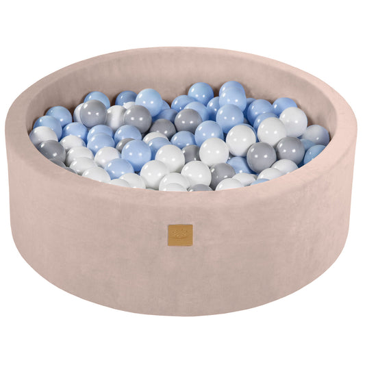 Beige toddler ball pit with mixed colour balls
