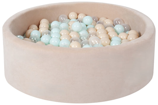 Beige ball pit with colorful balls on a white background