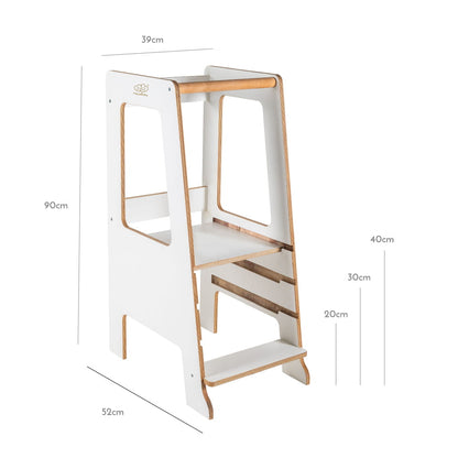 Side view of a Meowbaby white wooden kitchen helper.