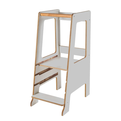 light grey wood kitchen helper for toddlers.