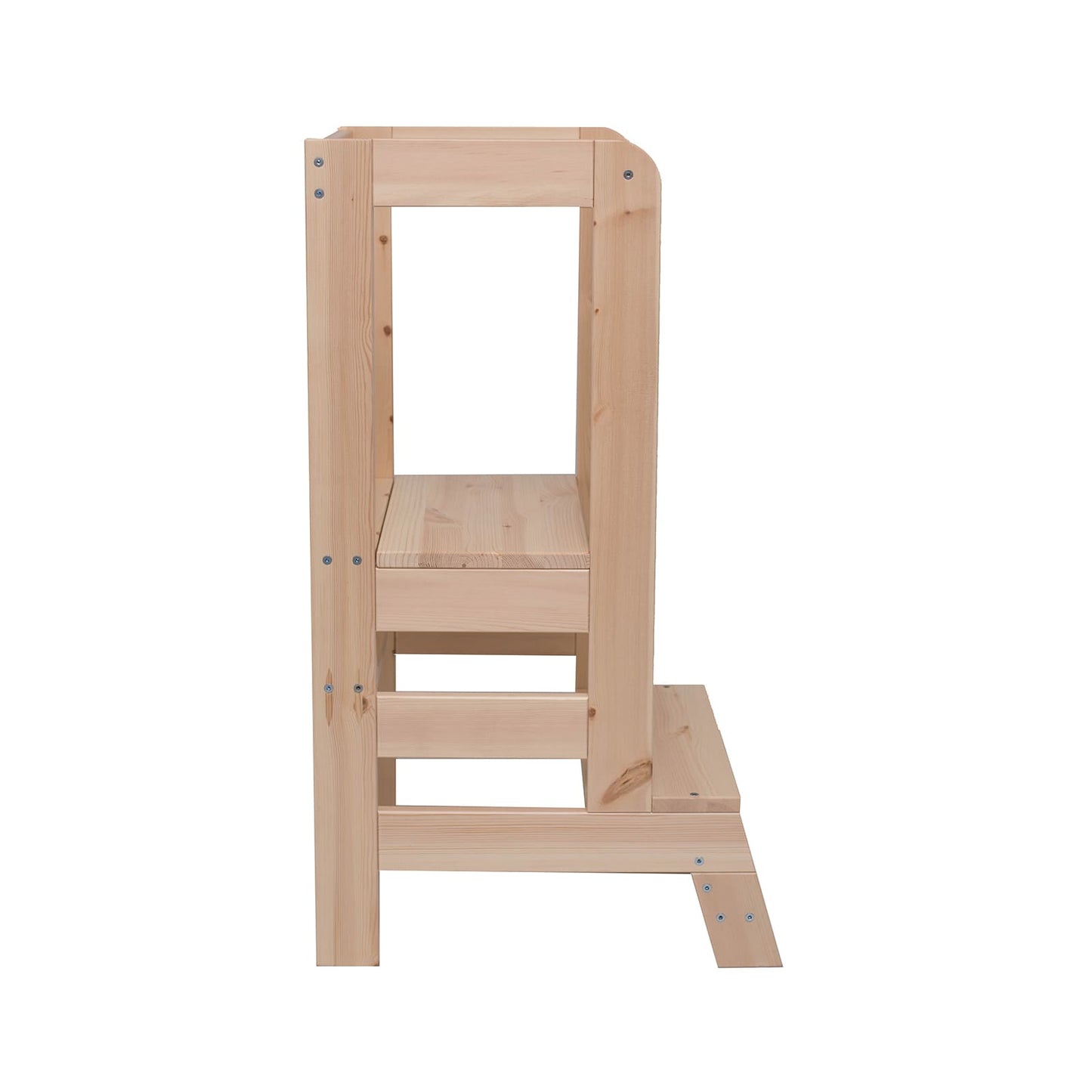 Side view of a natural kitchen helper stool for toddlers.