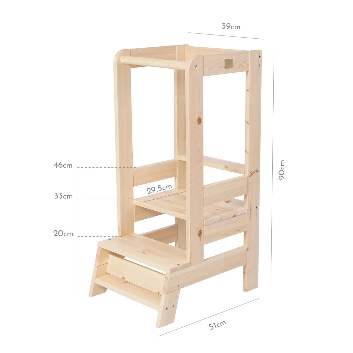 Natural kitchen helper stool with listed dimensions for toddlers.