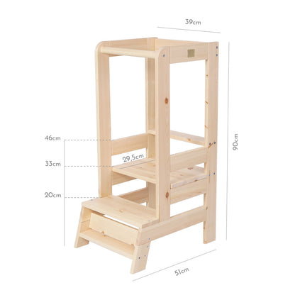 Natural kitchen helper stool with listed dimensions for toddlers.
