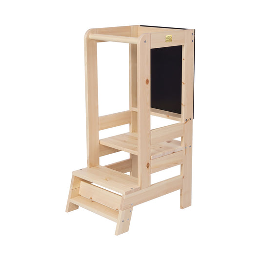 Back view of a natural kitchen helper stool designed for toddlers.