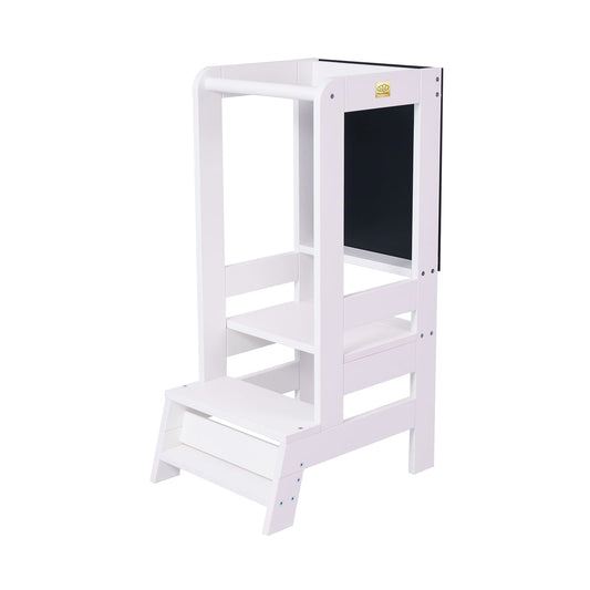 Diagonal view of a white kitchen helper stool designed for toddlers.