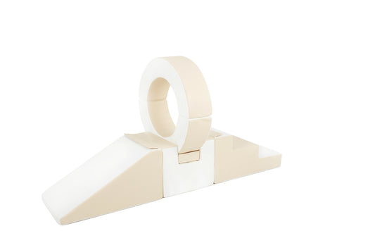 Side view of a beige-coloured hoop soft play set, designed for toddlers to climb, explore, and play safely.