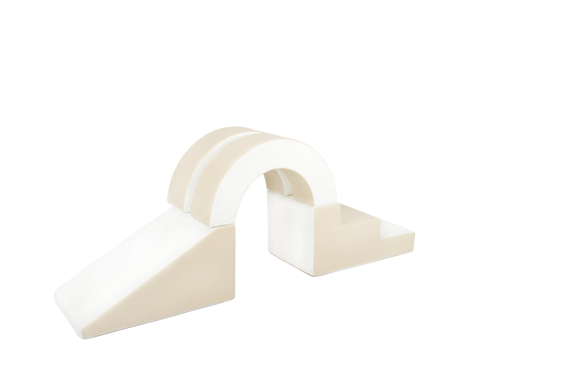 Side view of a beige-coloured arch soft play set, partially displayed, designed for toddlers to climb, explore, and play safely.