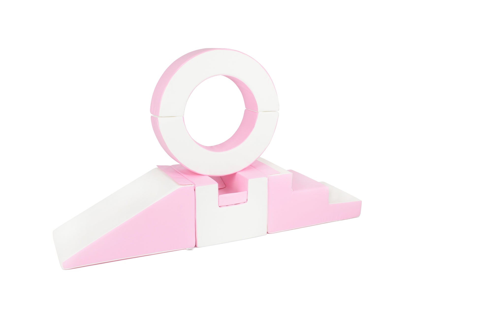 Side view of a pink-coloured hoop soft play set, perfect for toddlers to climb and play safely.