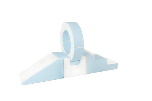 Side view of a blue-coloured hoop soft play set, perfect for toddlers to climb and play safely.