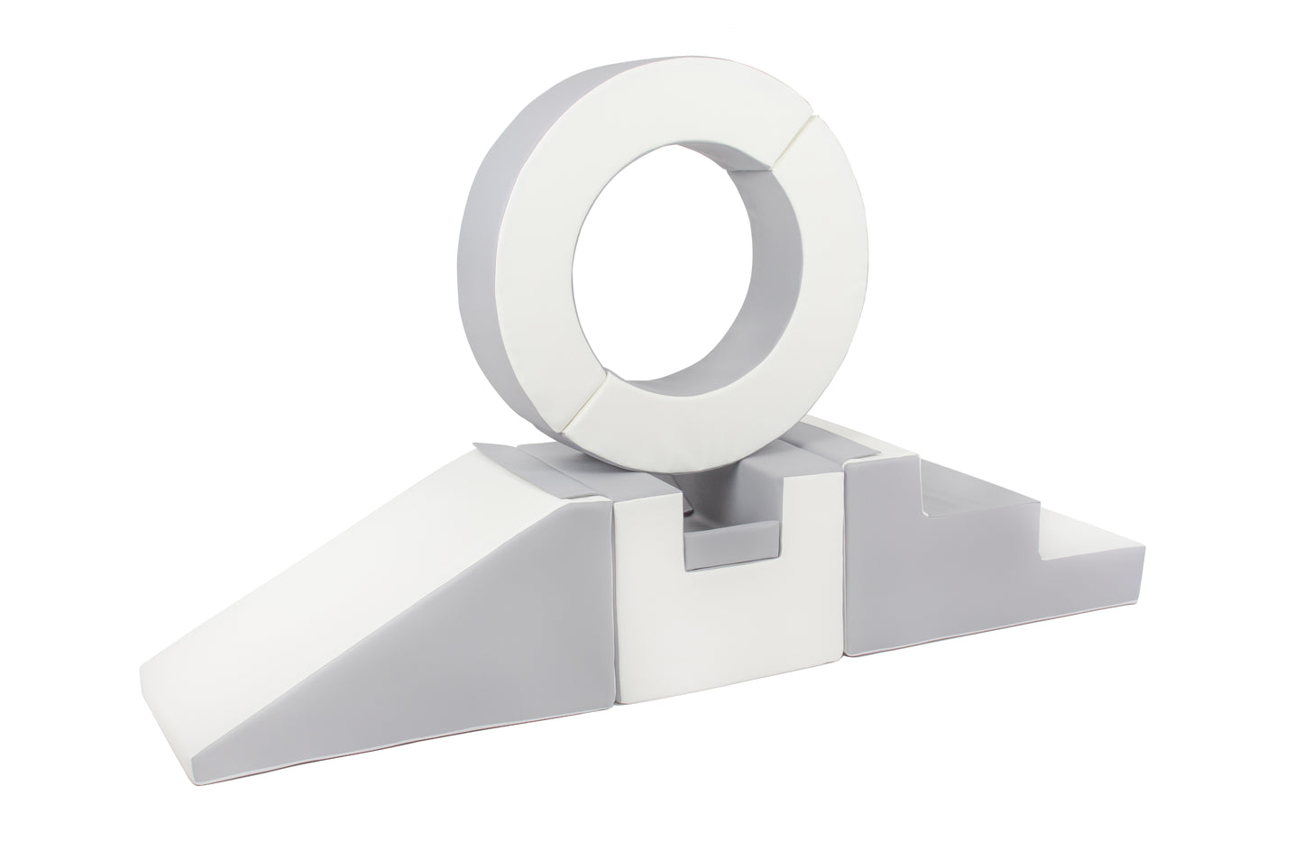 Side view of a grey-coloured hoop soft play set, perfect for toddlers to climb and play safely.