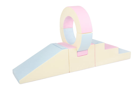 Side view of a pastel-coloured hoop soft play set, perfect for toddlers to climb and play safely.