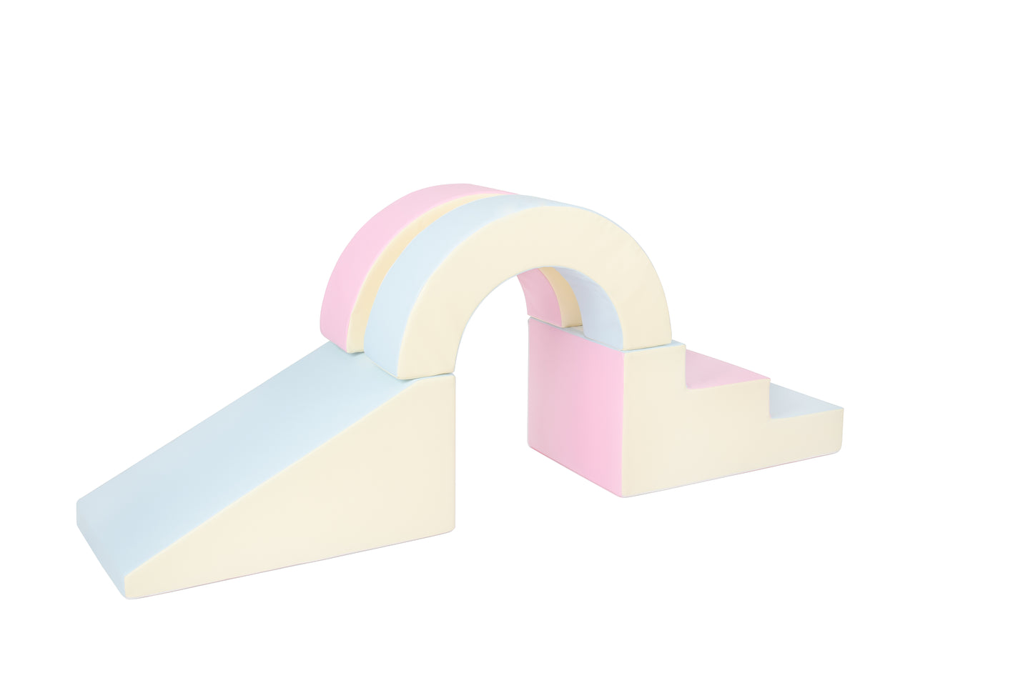 Side view of a pastel-coloured arch soft play set, partially displayed, designed for toddlers to climb, explore, and play safely.