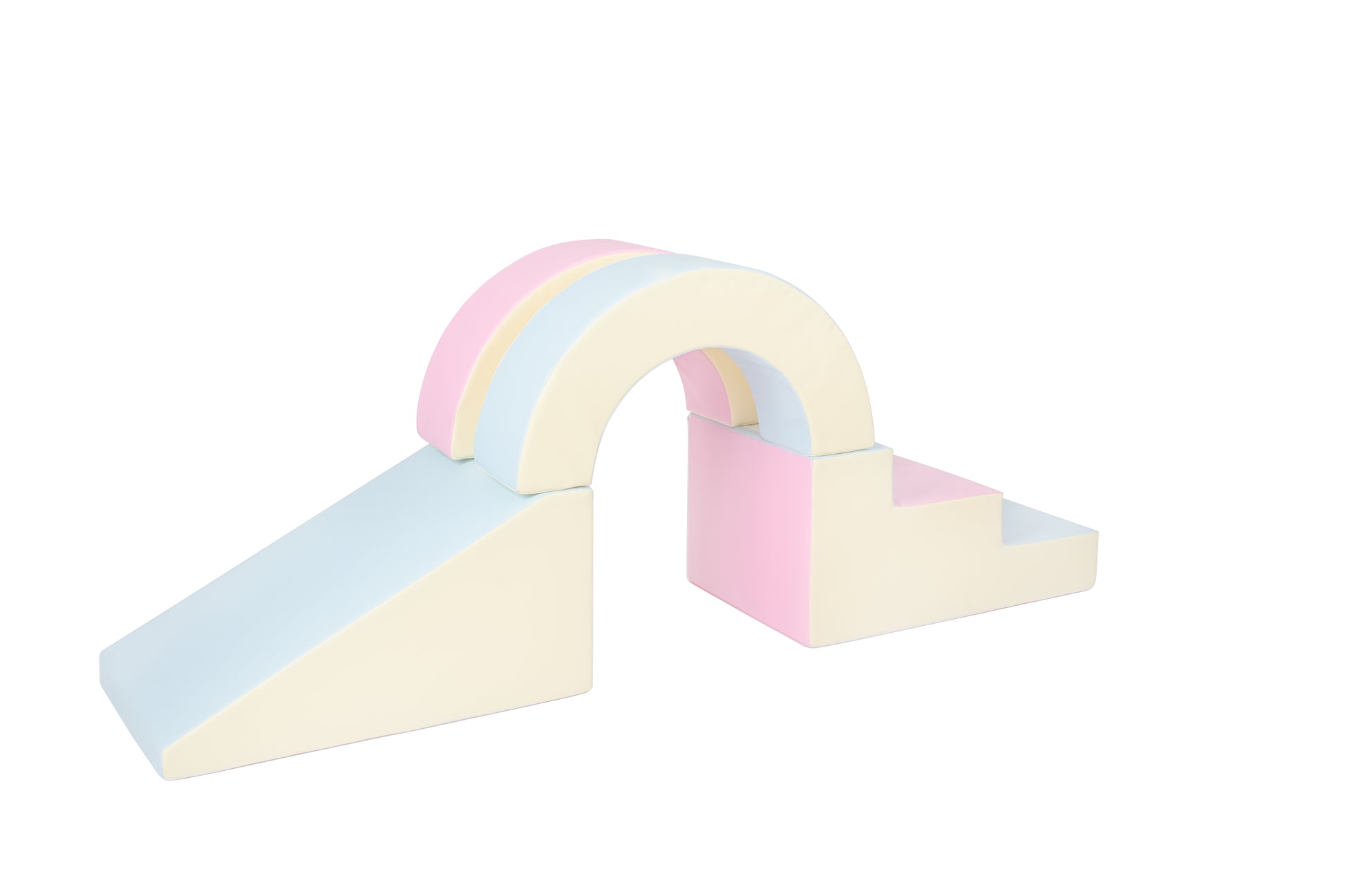 Side view of a pastel-coloured arch soft play set, partially displayed, designed for toddlers to climb, explore, and play safely.
