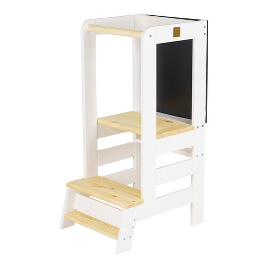 white wood kitchen helper for toddlers.