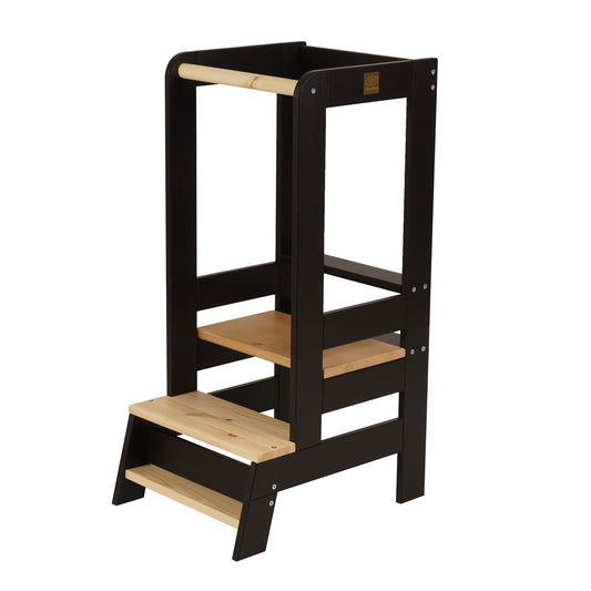 meowbaby black wood kitchen helper for toddlers.