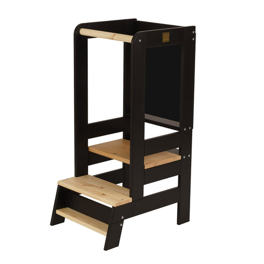 black wood kitchen helper for toddlers.