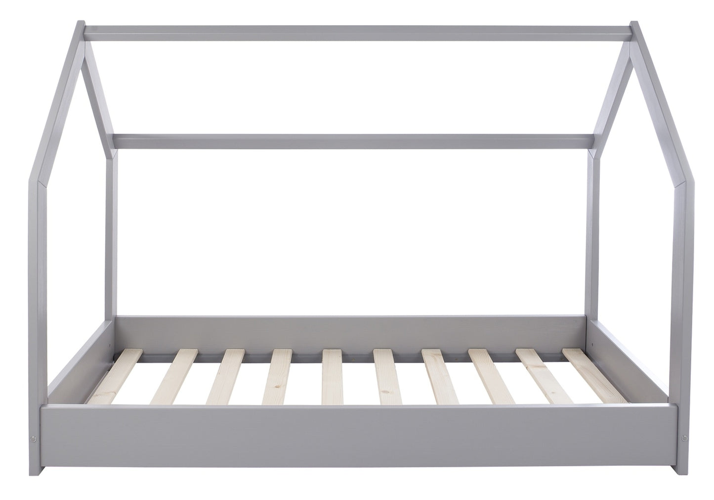 Gray children's bed with a white mattress on a white background