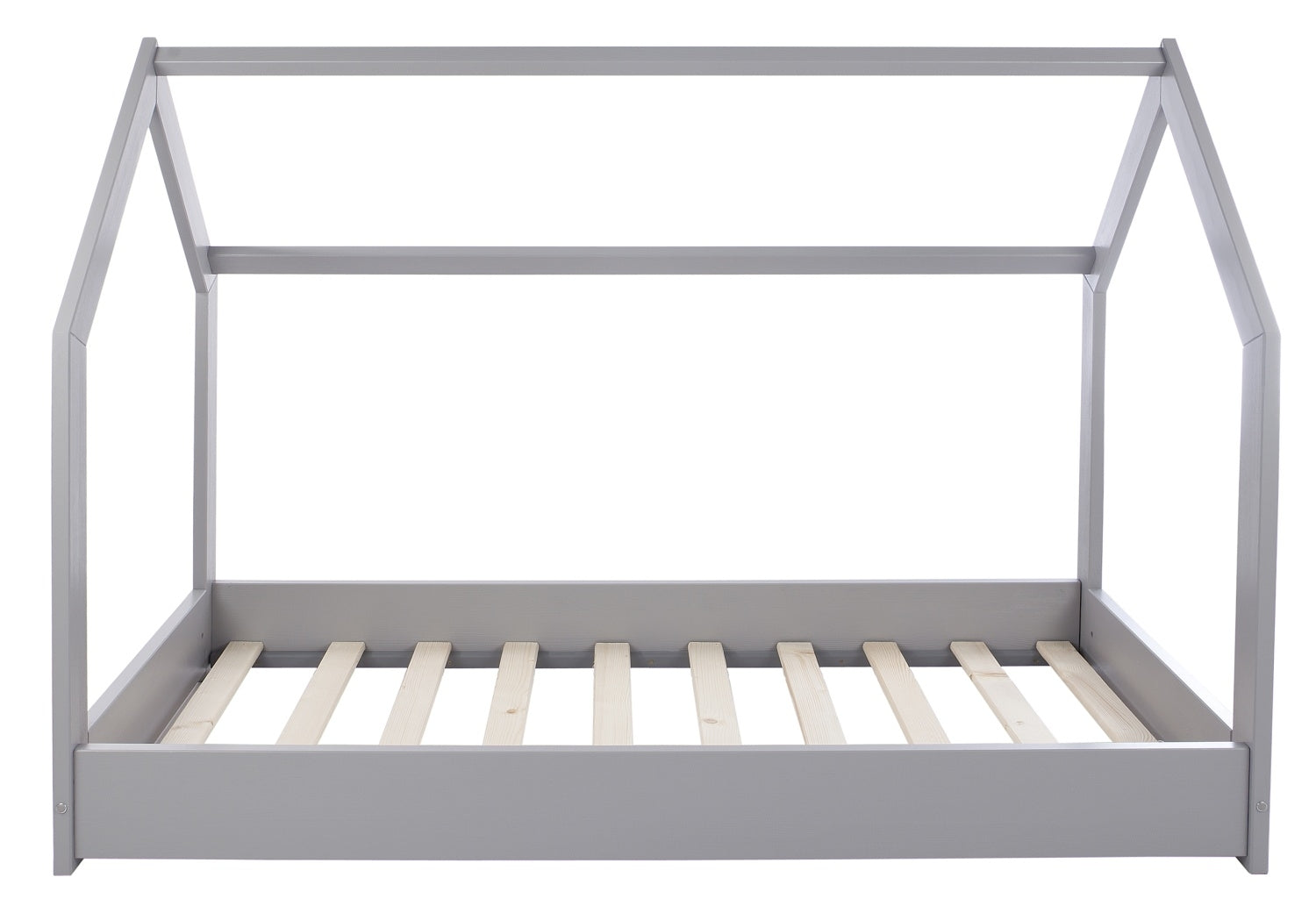 Gray children's bed with a white mattress on a white background