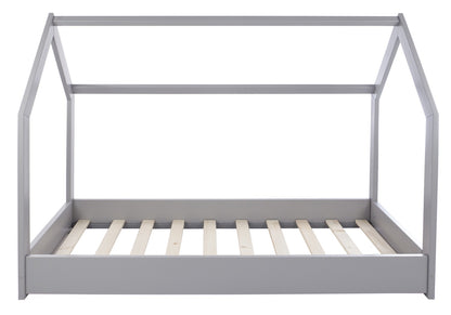 Gray children's bed with a white mattress on a white background