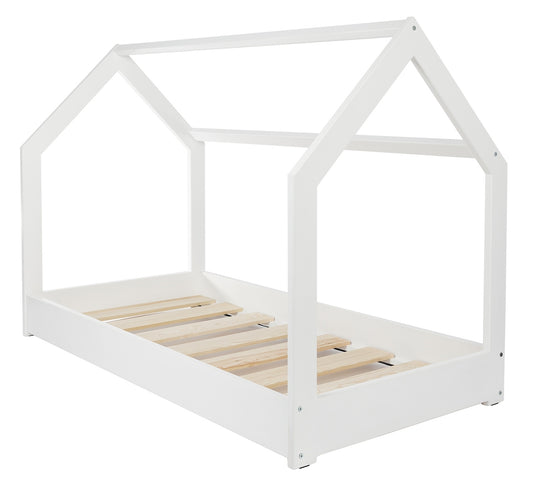 White children's bed frame with wooden slats on a white background
