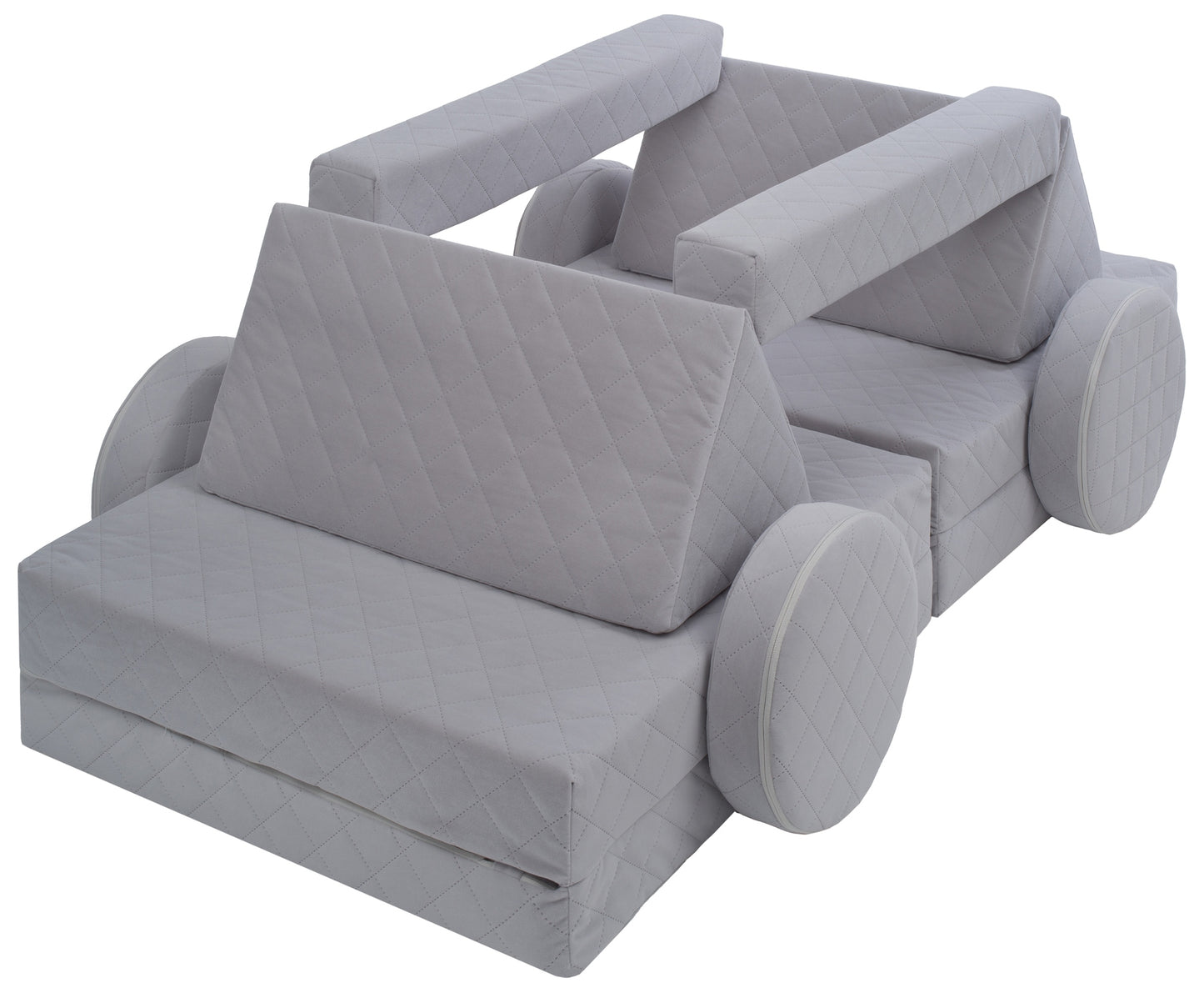 Side-view of light grey soft play sofa.